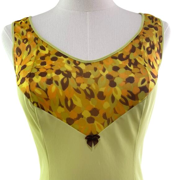 Vintage 60s Lime Green & Brown Nylon Wide Strap Full Slip Dress Women's Size M - Picture 3 of 10
